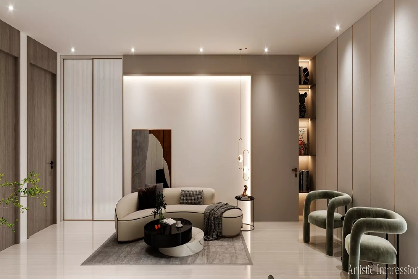 Modern living room interior in VAAS Aspire low-rise floors featuring elegant seating, ambient lighting, and contemporary minimalist design