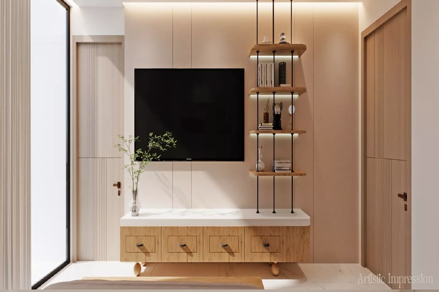 Contemporary TV wall design in VAAS Aspire low-rise floors with wooden finishes, floating shelves, and sleek minimalist interiors