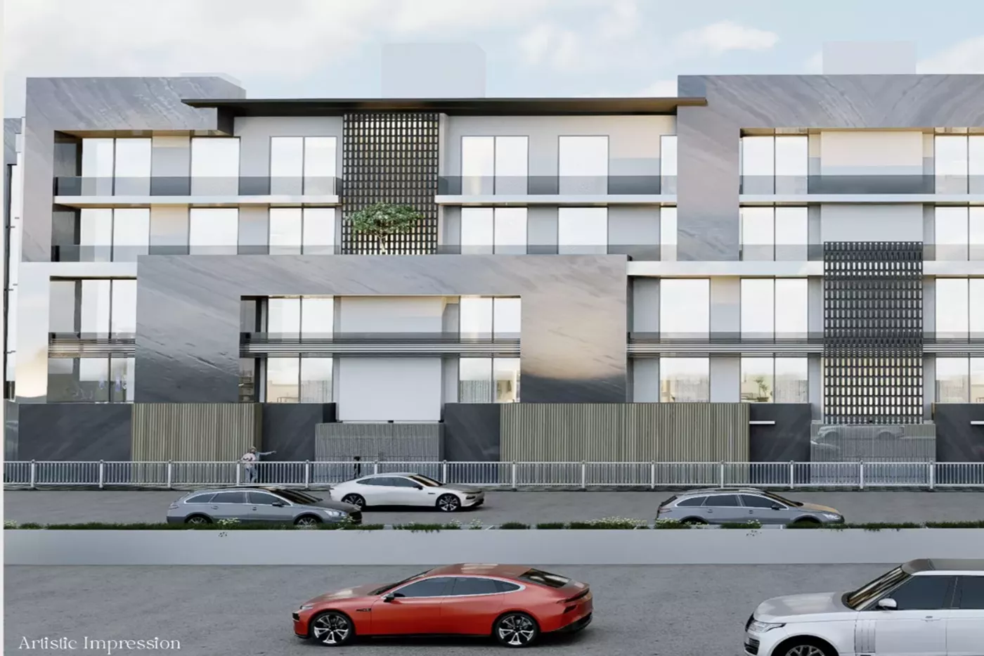 Modern facade of VAAS Aspire low-rise floors showcasing contemporary architecture, glass balconies, and premium gated residential design.